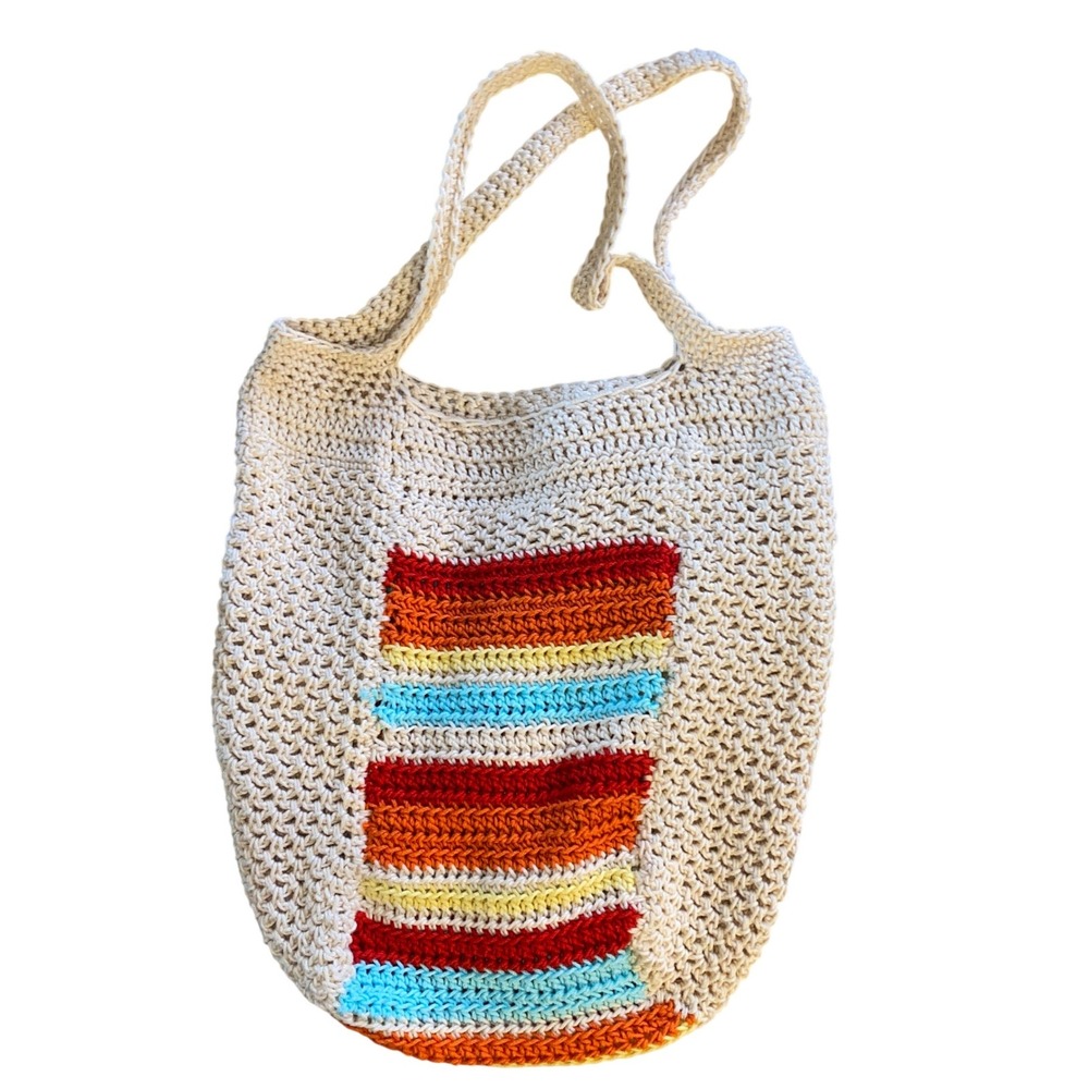 Crochet‎ Tote Bag Rainbow Striped Boho Shoulder Bag Cream Multi-Color Beach Bag